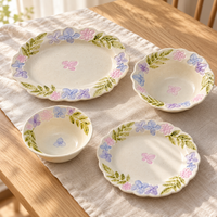 Pastel Floral Ceramic Dinnerware Set, 4 Pieces with Scalloped Edges