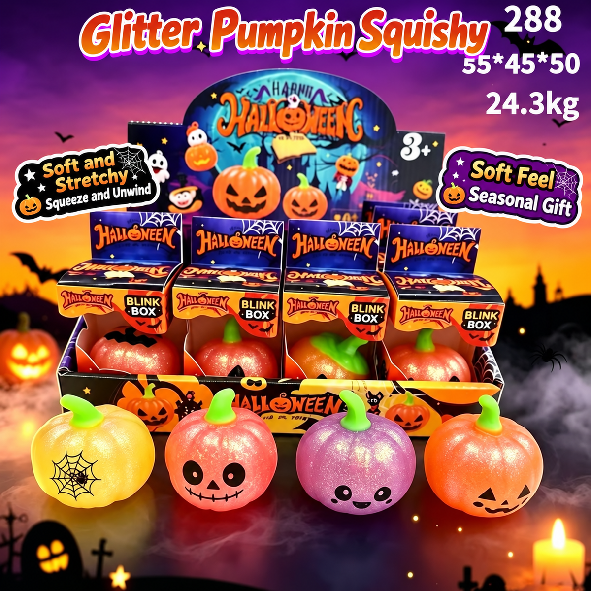 Glitter Pumpkin Squishy TPR Halloween Squeeze Toy Set (12PC)
