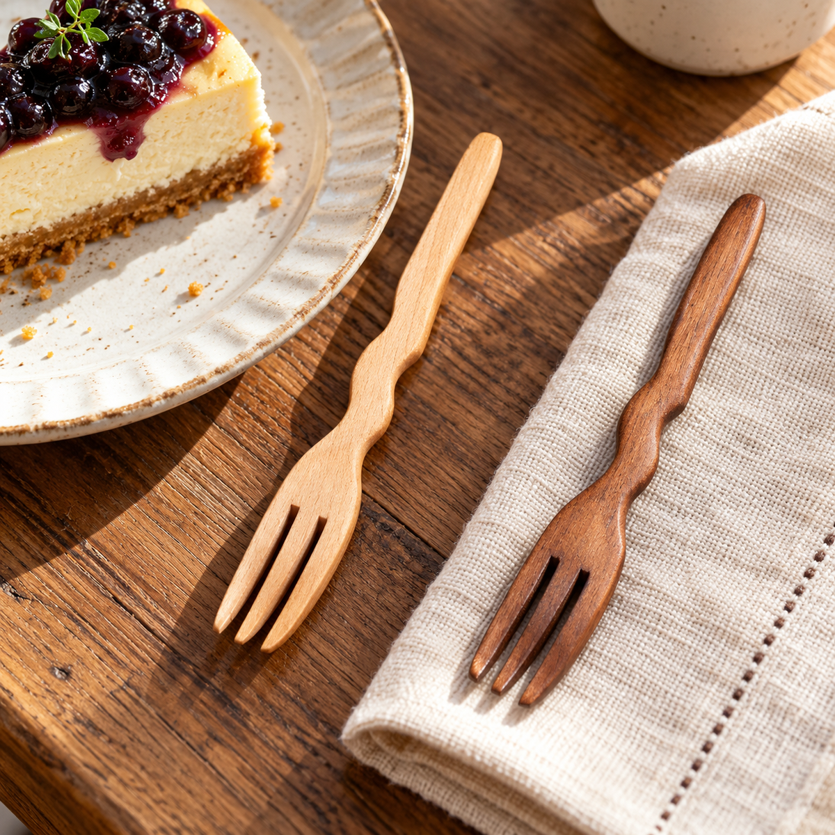 Wooden Dessert Fork and Spoon with Curved Handles in Two Finishes
