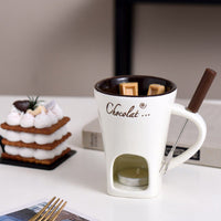 Ceramic Chocolate Fondue Mug Set – Mini Cheese & Dessert Melting Cup with Tea Light Warmer and Fork, 3 Colors
