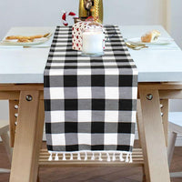 Buffalo Plaid Table Runner, Black White Tassel Dining Table Cover