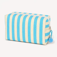 Striped Canvas Makeup Bag with Zipper and Pom Pom Pull