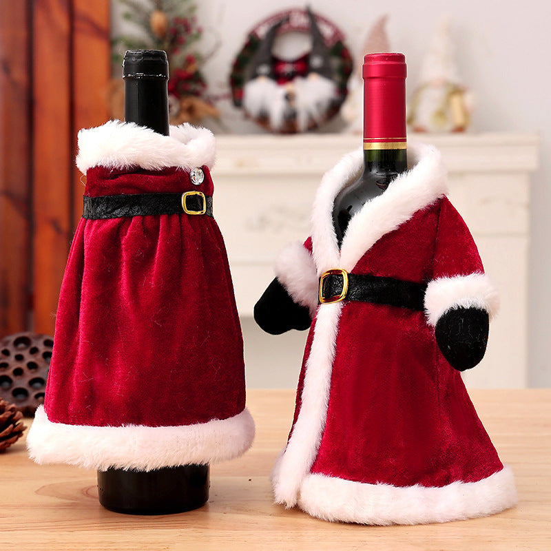 Christmas Wine Bottle Covers, Santa Coat and Mrs. Claus Dress Styles with White Plush Trim, Holiday Bottle Decorations