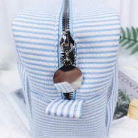 Striped Cotton Makeup Bag with Polyester Lining and Zip Closure