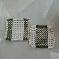 Green Woven Cotton Linen Coaster – Square Rustic Drink Mat
