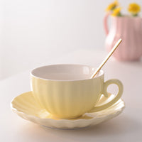 Fluted Ceramic Teacup and Saucer Set, Pastel Coffee Cup with Scalloped Plate