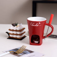 Ceramic Chocolate Fondue Mug Set – Mini Cheese & Dessert Melting Cup with Tea Light Warmer and Fork, 3 Colors