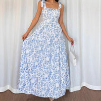 Floral Print Maxi Dress – Blue & White Spaghetti Strap Dress