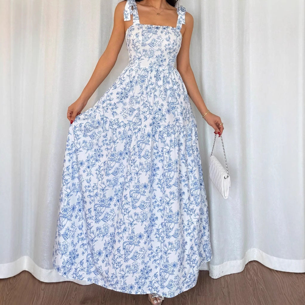 Floral Print Maxi Dress – Blue & White Spaghetti Strap Dress