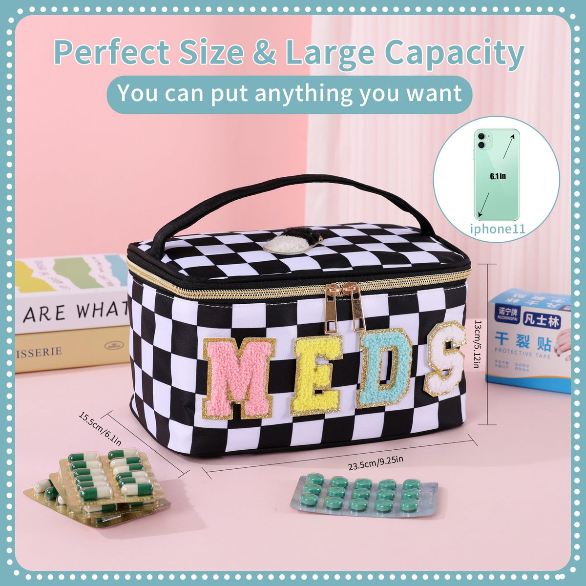 Waterproof Checkered Organizer Case with Handle for First Aid Supplies, Travel, Home & Daily Essentials