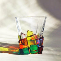 Color Block Whiskey Glass – 300ml Sculptural Glass Tumbler, Geometric Ice Cube Design for Juice, Water & Cocktails