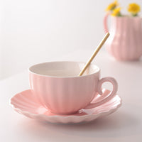 Fluted Ceramic Teacup and Saucer Set, Pastel Coffee Cup with Scalloped Plate