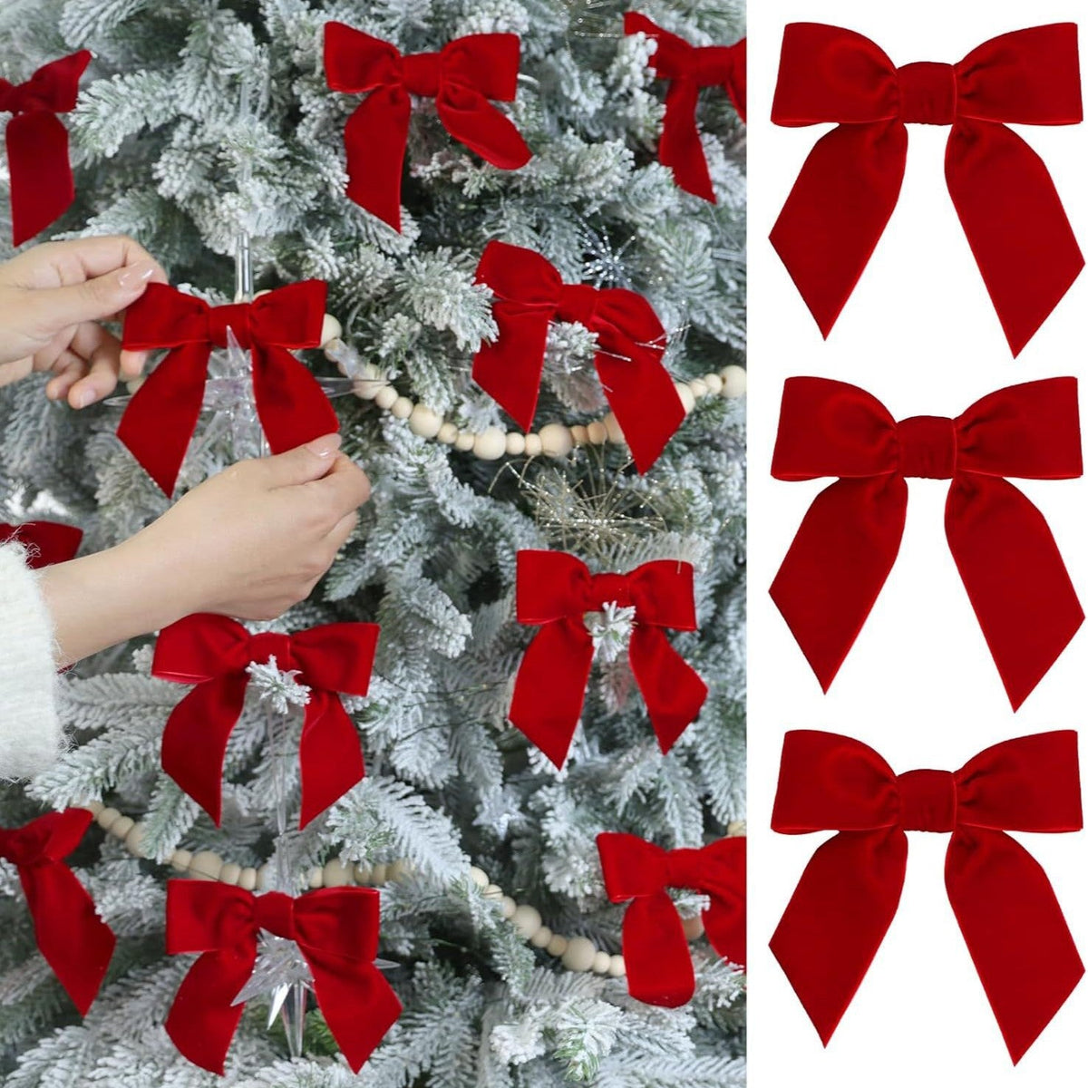 24-Piece Christmas Velvet Bow Ornament Set – 8 cm Red & Burgundy Holiday Bows with Gold Twist Ties for Christmas Tree, Wreath & Gift Decor