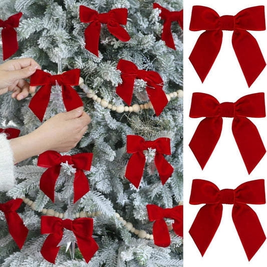 24-Piece Christmas Velvet Bow Ornament Set – 8 cm Red & Burgundy Holiday Bows with Gold Twist Ties for Christmas Tree, Wreath & Gift Decor