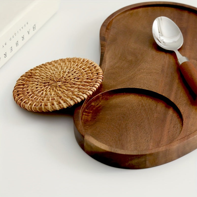 Acacia Wood Serving Tray with Woven Coaster – Irregular Snack & Coffee Tray for Café, Tea, Desserts, Breakfast & Home Table Setting