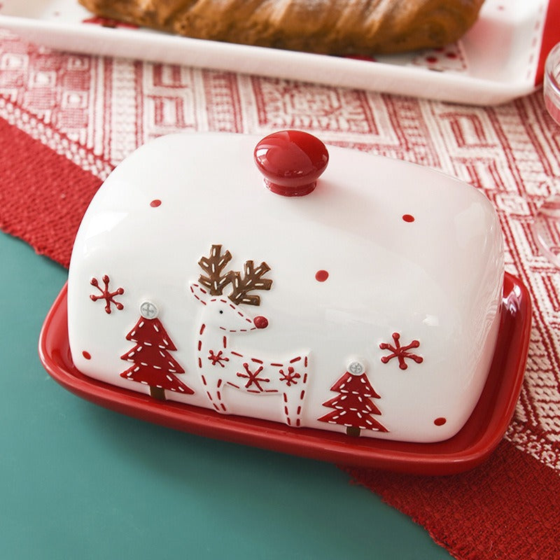 Christmas Ceramic Butter Dish with Lid, Red and White Reindeer and Tree Design