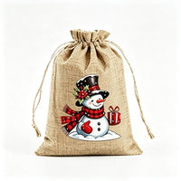 Christmas Burlap Drawstring Gift Bag Rustic Reindeer Santa Snowman Holiday Candy Favor Packaging Pouch