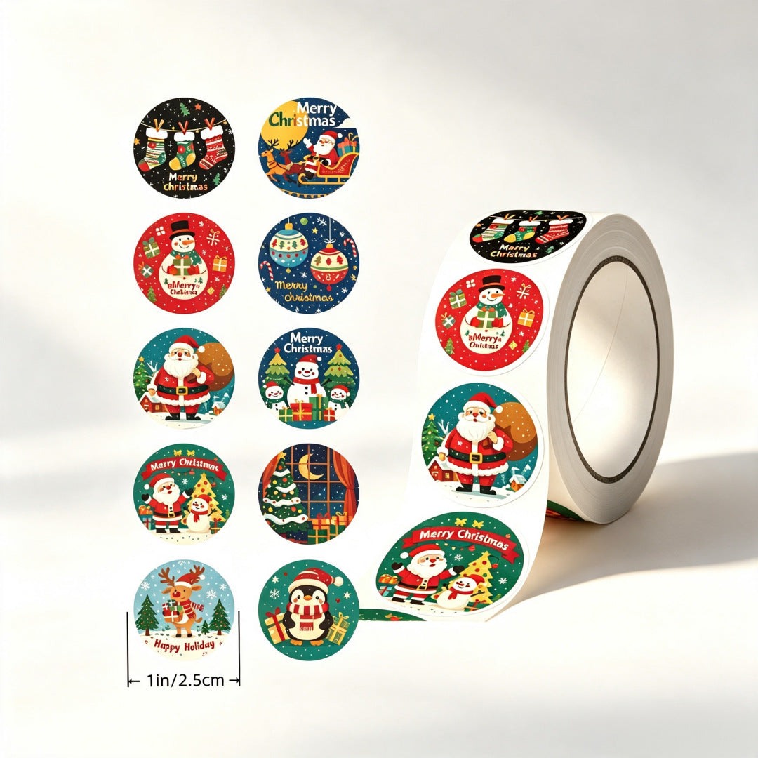 Vintage Christmas Round Sticker Roll, Retro Santa Claus Holiday Adhesive Labels