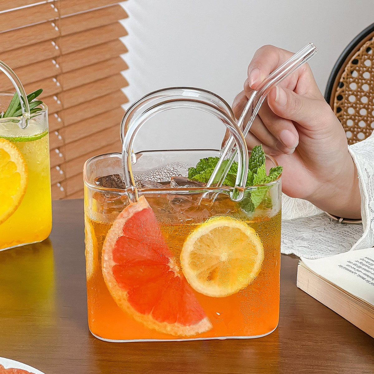 Portable Glass Cocktail Cup with Handle, Creative Summer Fruit Drink Glass