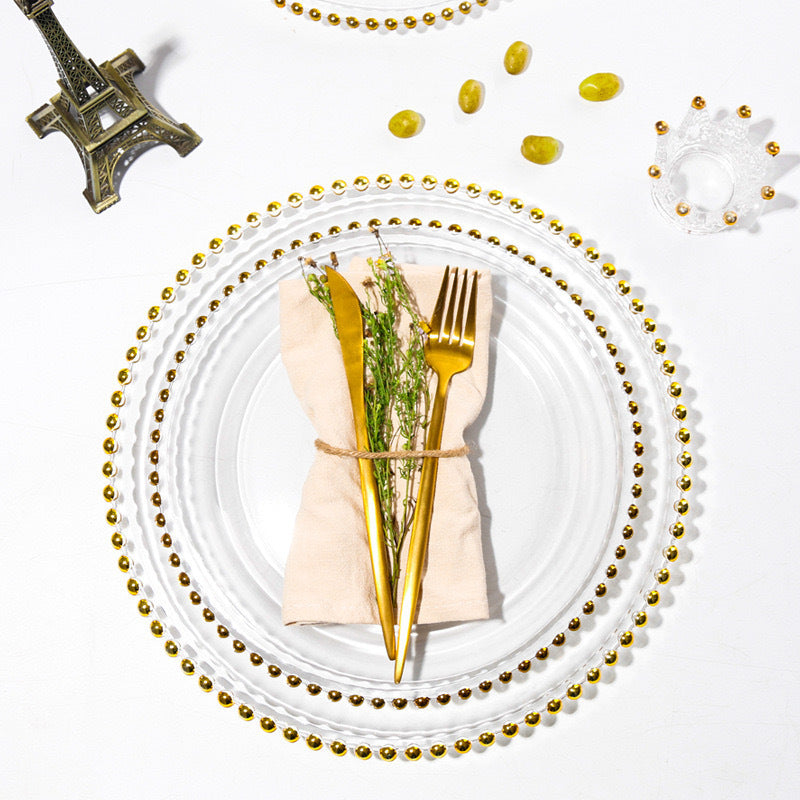 Gold Beaded Rim Glass Dinner Plate for Dining and Wedding Table Decor