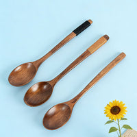 Natural Nanmu Wood Spoon Long Handle Wrapped Grip Wooden