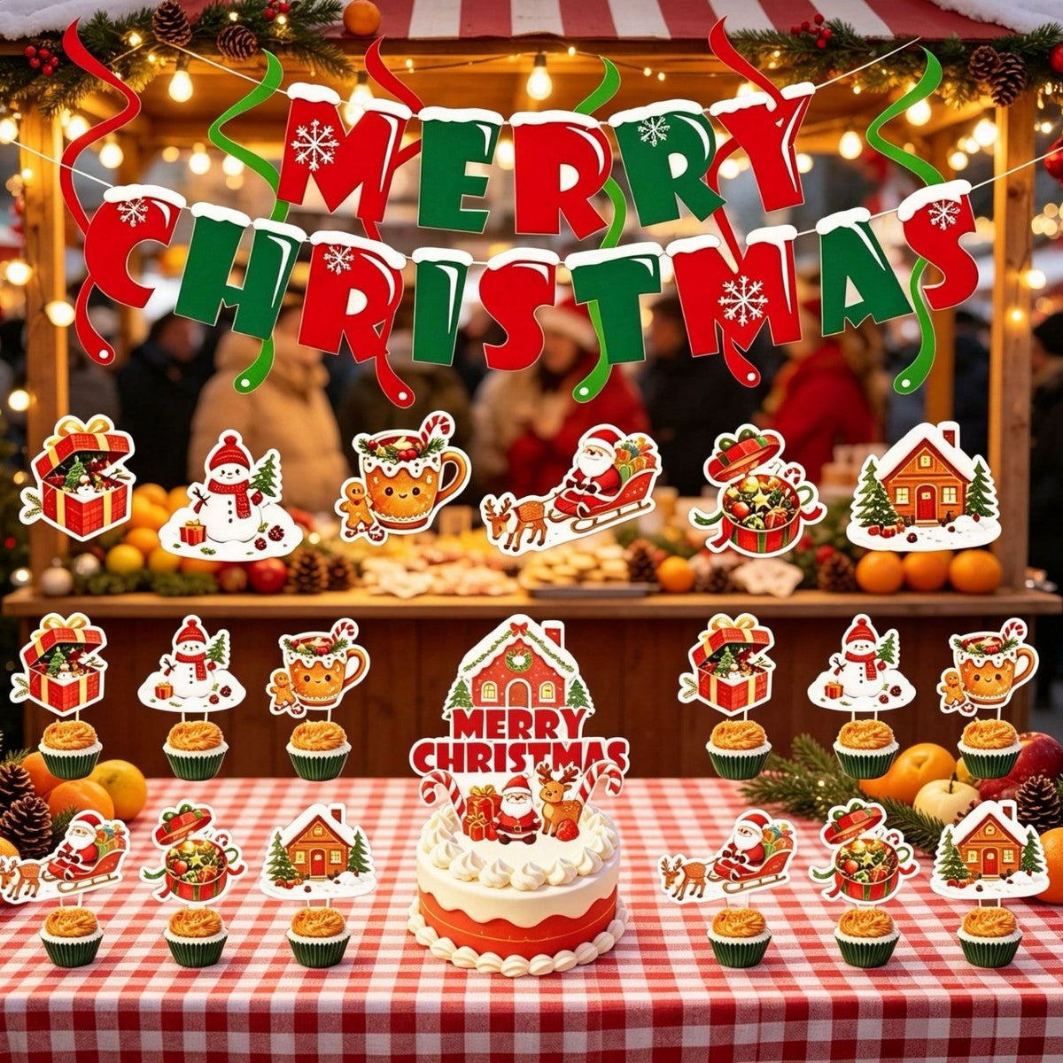 3-Style Christmas Party Decoration Set – Merry Christmas Letter Banner, Hanging Swirls & Festive Cake Toppers for Holiday Party, Home & Shop Decor
