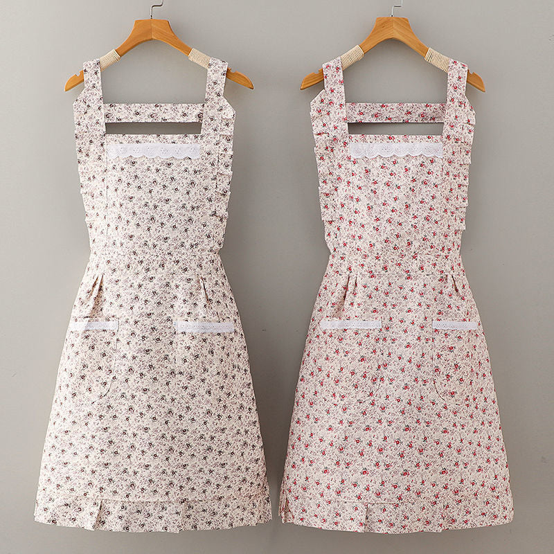 Floral Bib Apron – Vintage Flower Print Kitchen Apron with Front Pockets, Ruffle Trim Cooking Apron for Baking, Gardening & Home Use