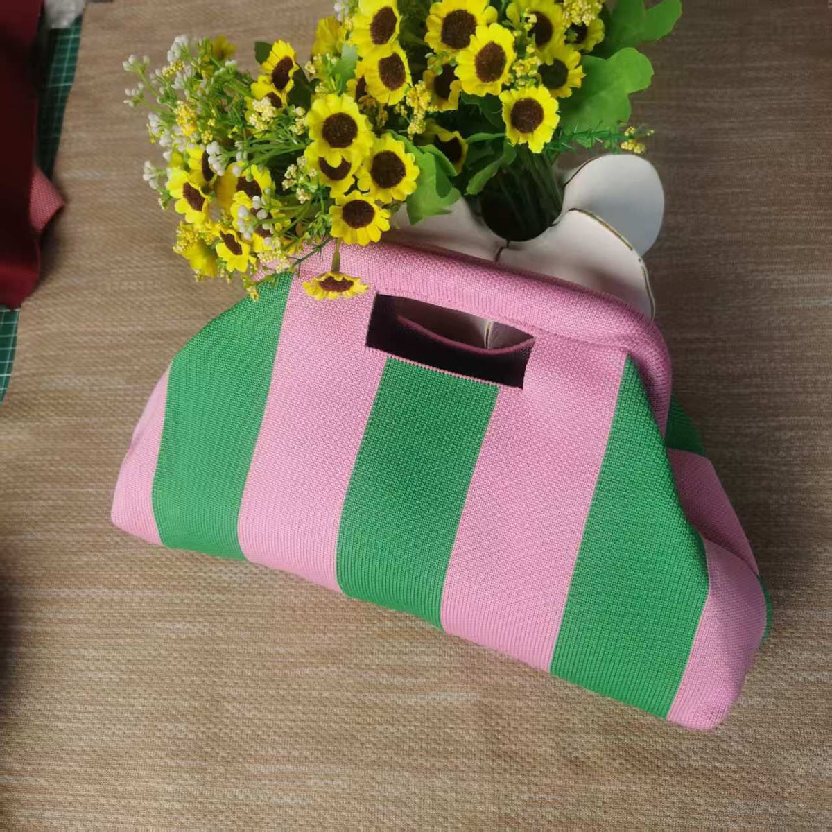 Striped Polyester Handbag with Cutout Carry Handles