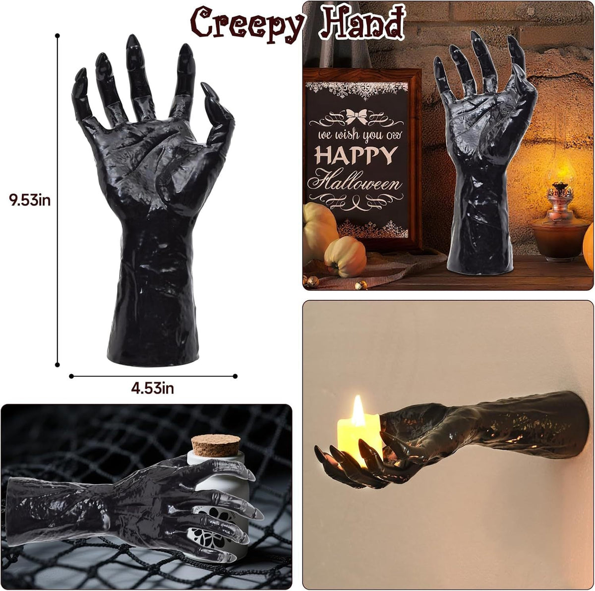 3-Piece Devil Hand Halloween Decoration – Black Vinyl Gothic Hand Candle Holders