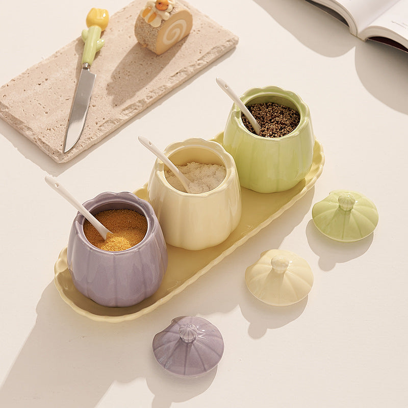 3-Piece Ceramic Condiment Jar Set with Tray and Spoons – Pastel Kitchen Seasoning Containers