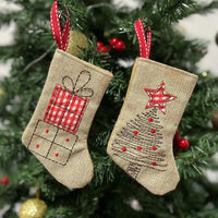 Mini Christmas Stocking Ornament – Rustic Burlap Holiday Hanging Decoration with Gift Box or Christmas Tree Design for Tree, Gift & Home Decor