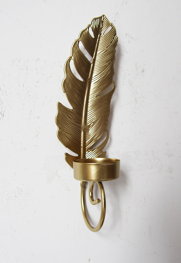 Vintage Feather Wall Candle Sconce – Antique Gold Metal Leaf Candle Holder