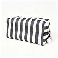 Striped Canvas Makeup Bag with Zipper and Pom Pom Pull