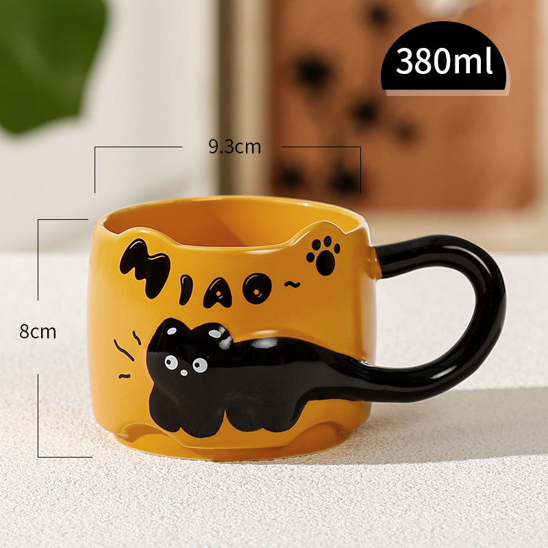 Cute Black Cat Ceramic Mug – 380ml Coffee Cup with Cat Tail Handle, Spoon and Gift Box in Four Colors