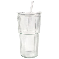 550ml Ribbed Glass Tumbler with Lid Clear Iced Coffee Drinking Cup