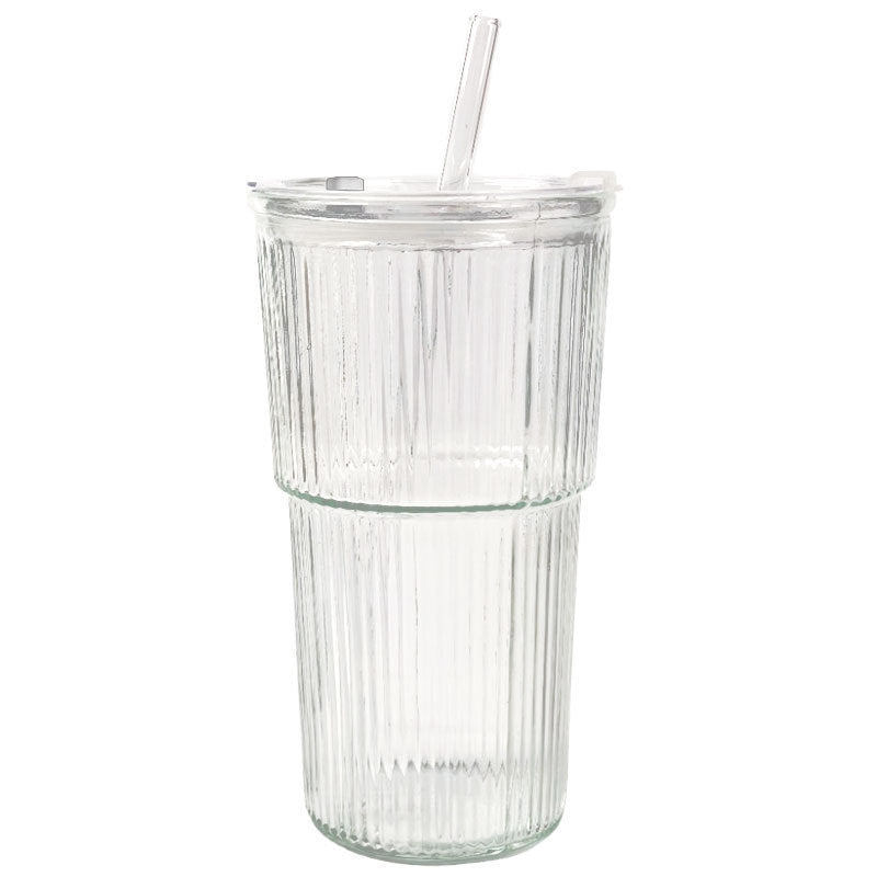 550ml Ribbed Glass Tumbler with Lid Clear Iced Coffee Drinking Cup