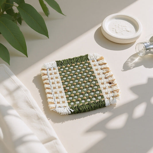 Green Woven Cotton Linen Coaster – Square Rustic Drink Mat