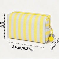 Striped Canvas Makeup Bag with Zipper and Pom Pom Pull