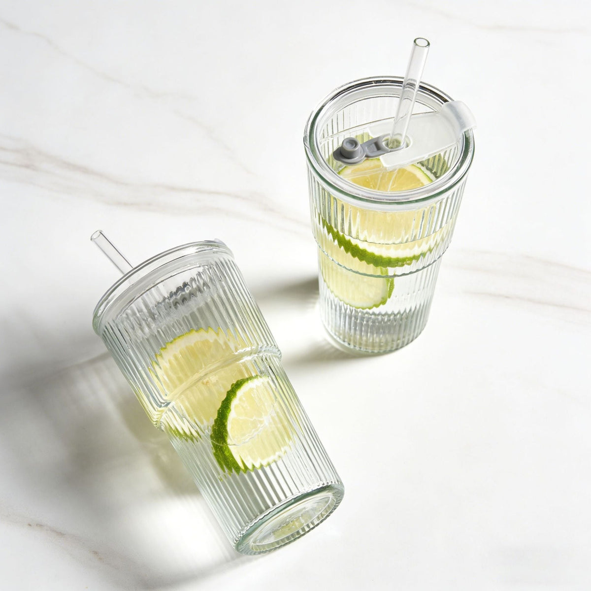 550ml Ribbed Glass Tumbler with Lid Clear Iced Coffee Drinking Cup
