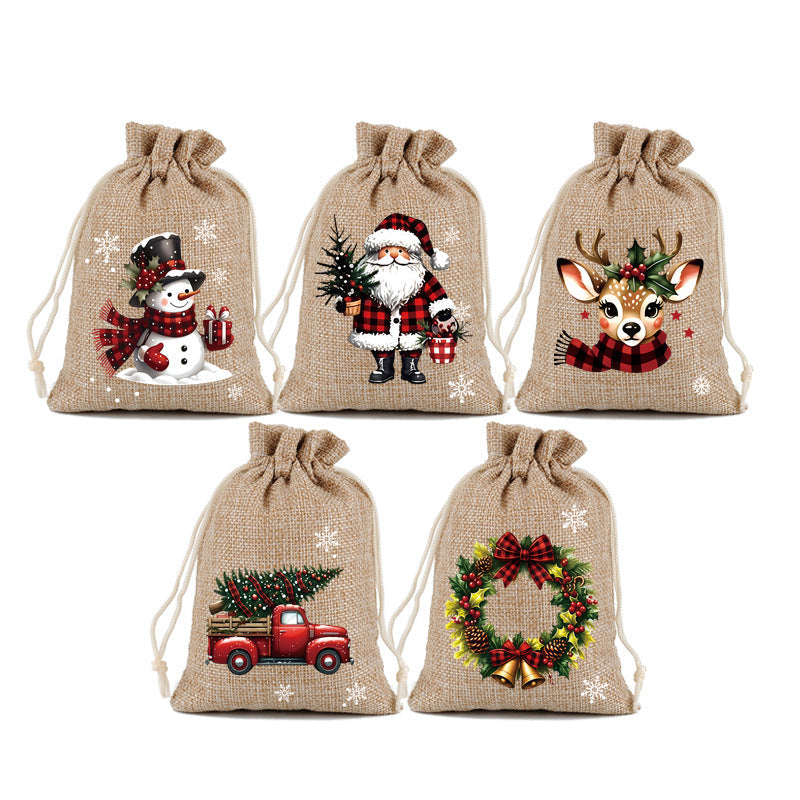Christmas Drawstring Gift Bag Set – 5-Piece or 12-Piece Holiday Favor Bags with Festive Prints