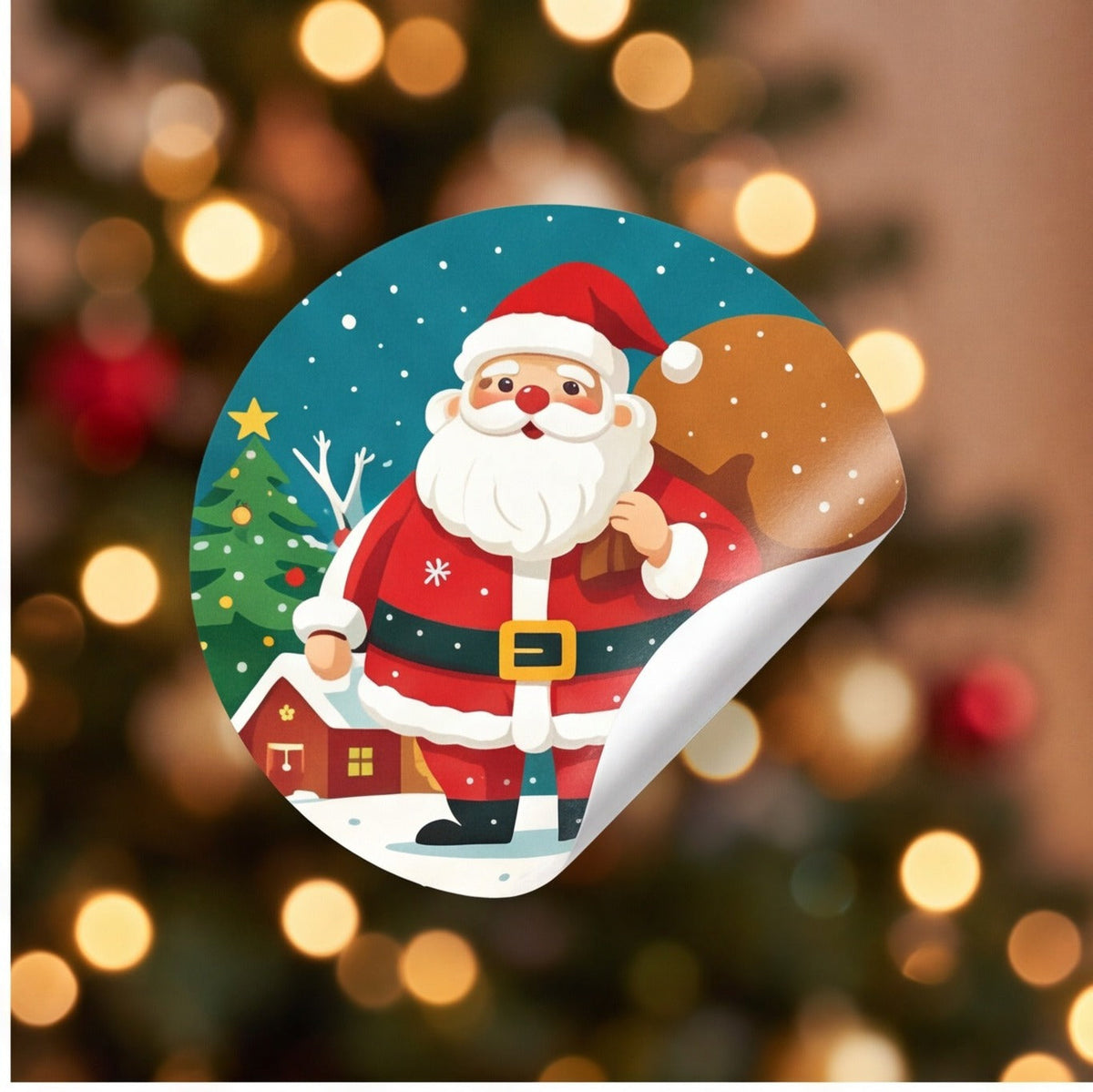 Vintage Christmas Round Sticker Roll, Retro Santa Claus Holiday Adhesive Labels