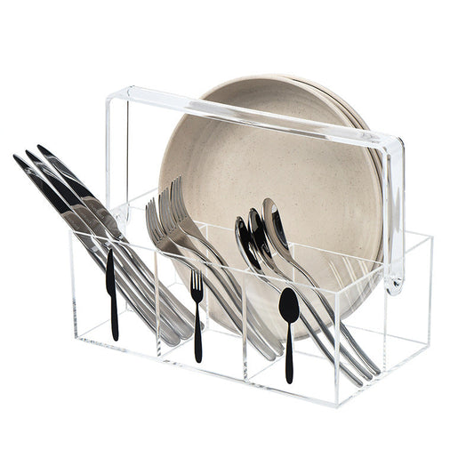 Acrylic Flatware Caddy with Bamboo Handle, 3-Compartment Silverware Organizer for Kitchen Countertop, Picnic, Party & Outdoor Dining
