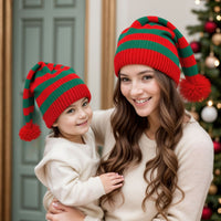 Christmas Striped Knit Beanie with Pom Pom, Festive Winter Hat