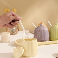 3-Piece Ceramic Condiment Jar Set with Tray and Spoons – Pastel Kitchen Seasoning Containers