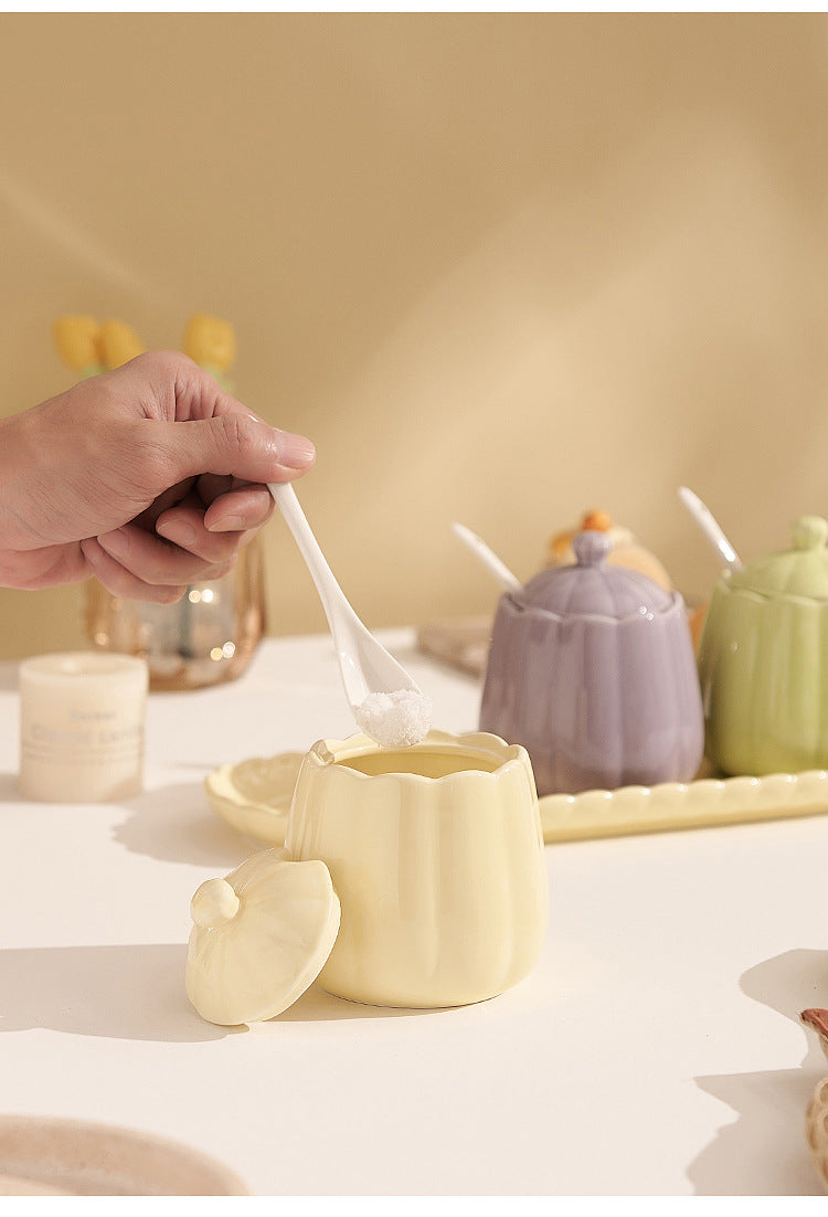 3-Piece Ceramic Condiment Jar Set with Tray and Spoons – Pastel Kitchen Seasoning Containers