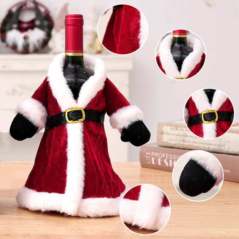 Christmas Wine Bottle Covers, Santa Coat and Mrs. Claus Dress Styles with White Plush Trim, Holiday Bottle Decorations