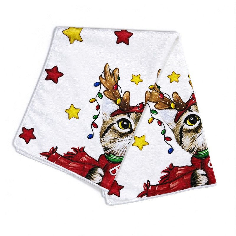 Christmas Kitchen Towel Santa Claus Christmas Tree Print Microfiber Dish Towel