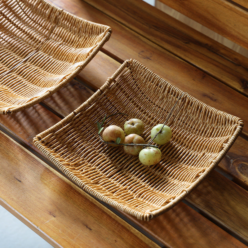 Square Plastic Wicker Basket, Rattan Style Woven Serving Tray, Decorative Storage Basket