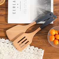 Beech Wood Kitchen Utensil Set – 3-Piece or 5-Piece Wooden Cooking Tools, Black Handle Spatula, Spoon & Ladle Set
