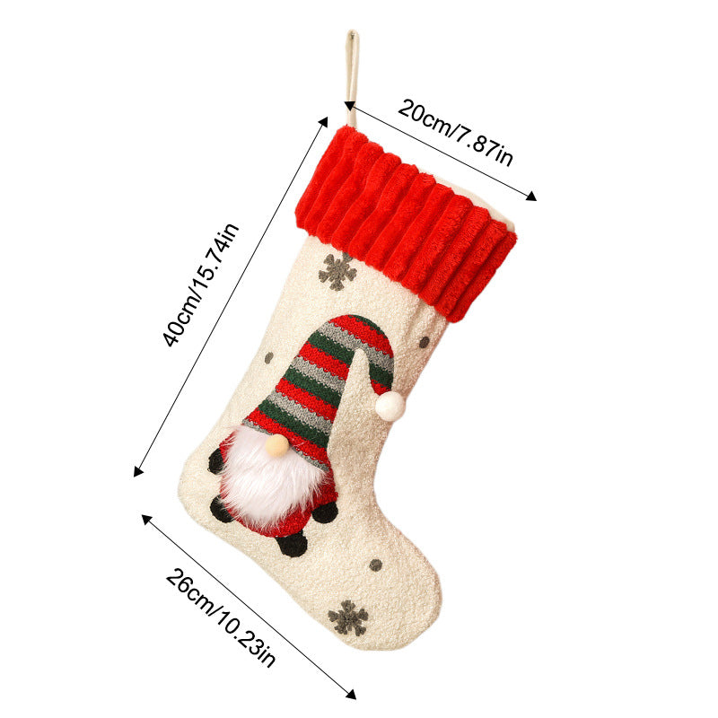 Embroidered Christmas Stocking with Santa Claus Plush Holiday Gift Bag